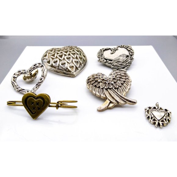 Vintage Romance Brooch Lot, Fun Bundle of 6 Heart Pins Pendant and Scarf Clip - Picture 2 of 3